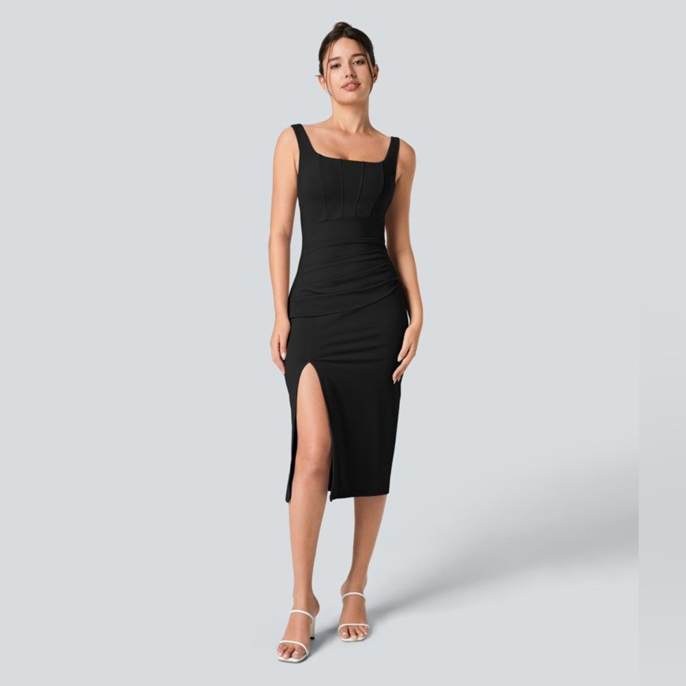 SoftlyZero™ Square Neck Corset Ruched Split Bodycon Midi dress medium nwt